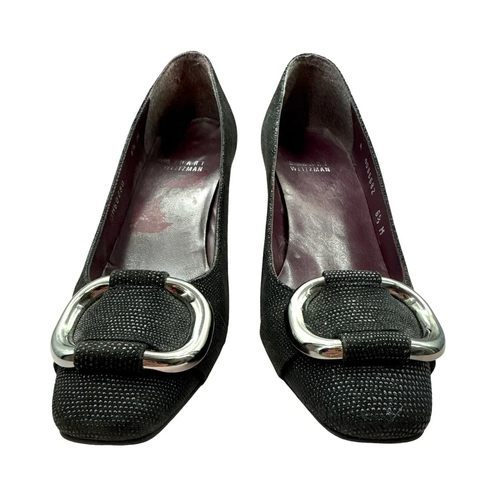 Stuart Weitzman Women's Pumps Size 6.5M Black Textured Fabric Silver Buckle Heel